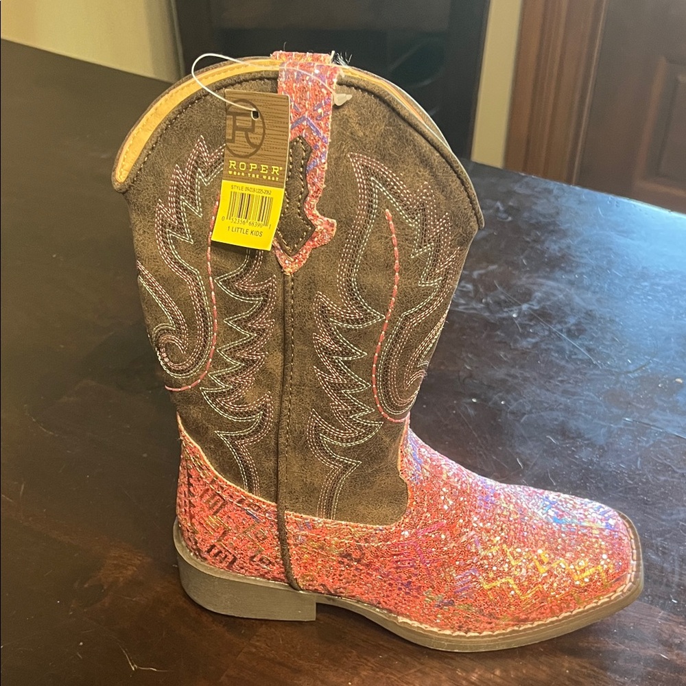 Roper Kids Boots in Brown and Pink Glitter
